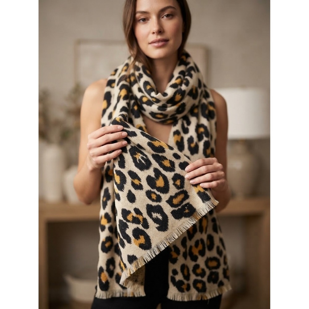 Ann Taylor Leopard Print Scarf Tan Black Yellow Animal Pattern Eyelash Fringe